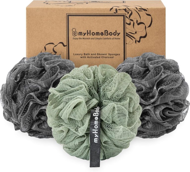 myHomeBody Grande éponge Loofah 70g, pouf de douche avec charbon actif, 3 Pack
